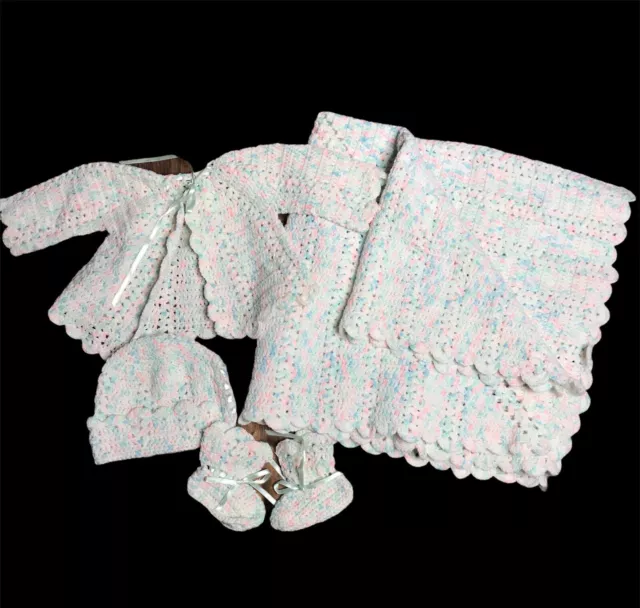 New Hand Made 4 Piece Baby Set Blanket Bonnet Booties Sweater Christening Afghan