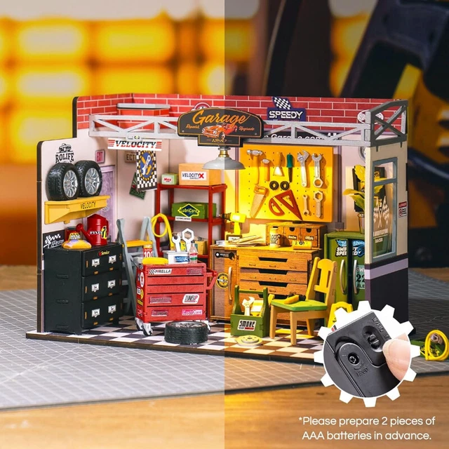 DIY Miniature Garage Repair Shop Model Kit - Wooden Dollhouse Kit With LED Lights For Adults