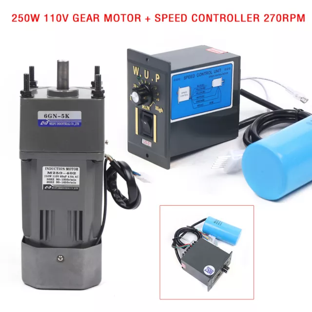 250W 110V AC Gear Motor Electric Variable Speed Controller Torque 1:5 0-270RPM