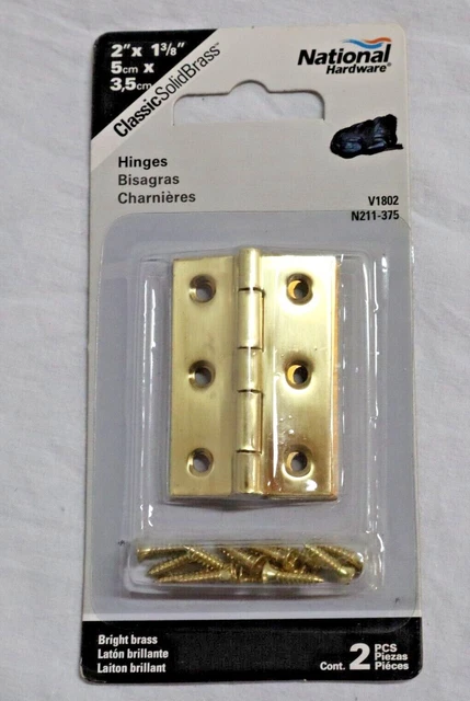 National Hardware Hinges Solid Brass 2 Pk 2" x 1 3/8" NOS N211-375 New V1802