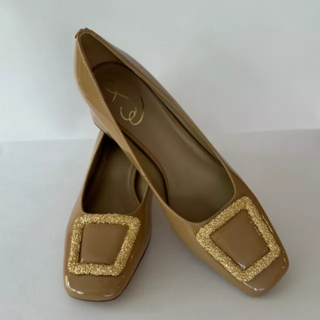 Franco Sarto Tan Camel Patent Leather Pumps Gold Accent Block Heel Womens 8.5