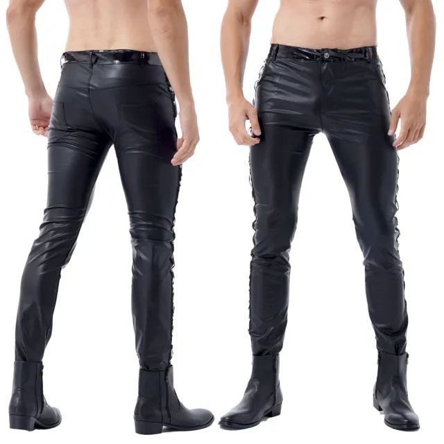 Men Faux Leather Shiny Pants Gothic Punk Long Tight Trousers Zipper Nightclub