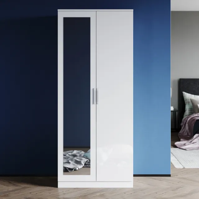 High Gloss 2 Door Wardrobe Bedroom Furniture Storage with Mirror Hanging Rail
