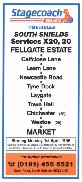 Stagecoach Bus Timetable - X20/20 -  Fellgate Estate-South Shields - April 1996