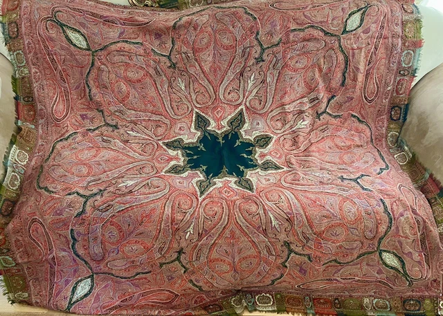 19th c Kashmir Wool Hand Embroidered Textile  Shawl Throw Wall Hanging 75”x71”