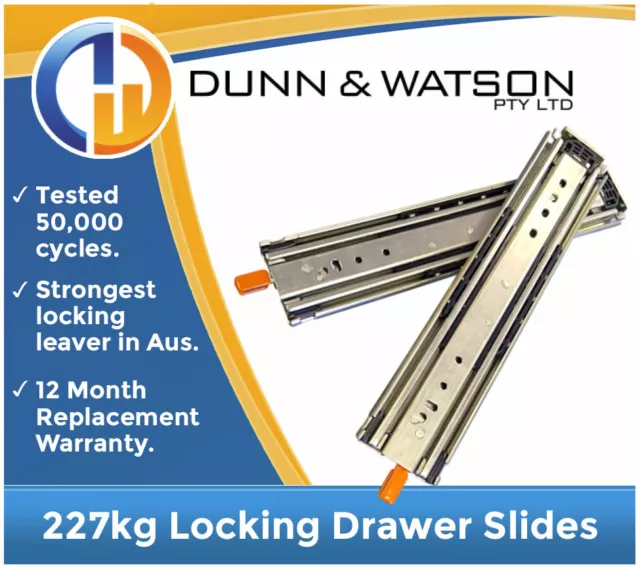 HEAVY DUTY 227kg Locking Drawer Slides / Runners - Lengths 408mm to 1524mm