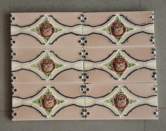 6 Pc Vintage Rose Flower Embossed D.K Mark Colorful Ceramic Tiles,Japan