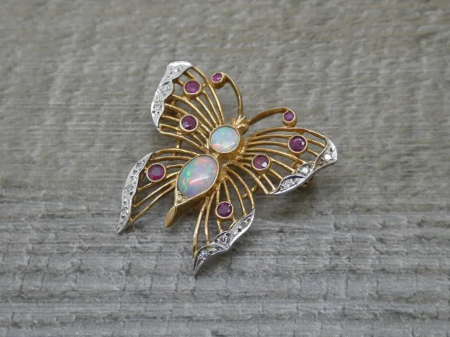 Stunning Vintage 9ct Gold Opal Ruby & Diamond Antique Design Butterfly Brooch