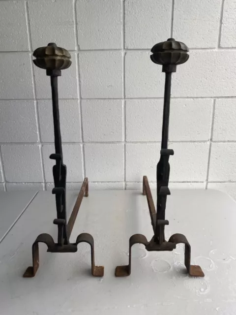 Antique Spanish Revival early 19th century Brass Wrought Iron Andirons