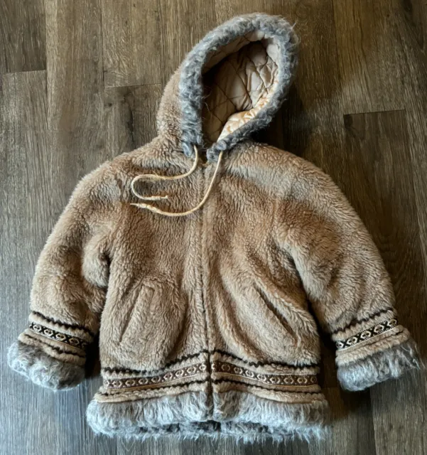 Vintage Sears Kids Faux Fur Brown Warm Eskimo Winter Jacket Lined Size 5
