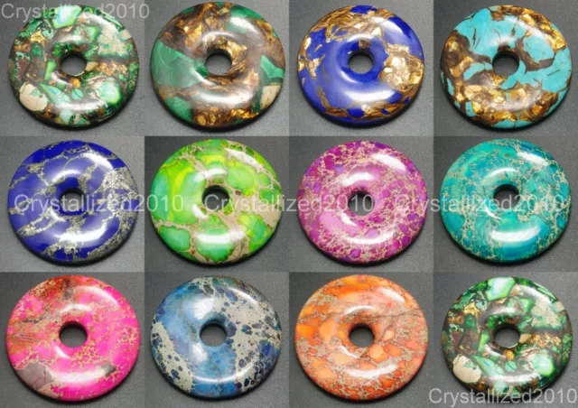 40mm Natural Gemstone Jasper Sea Sediment Bronzite Round Donut Pendant Beads