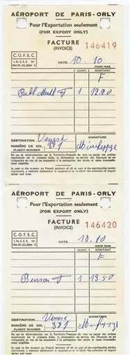 2 Aerport de Paris Orly Duty Free Shop Receipts for Cigarettes 1960's