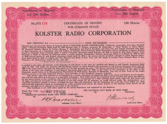 Kolster Radio Corporation Stock Certificate (Issued to Rudolph Spreckels, 1930)