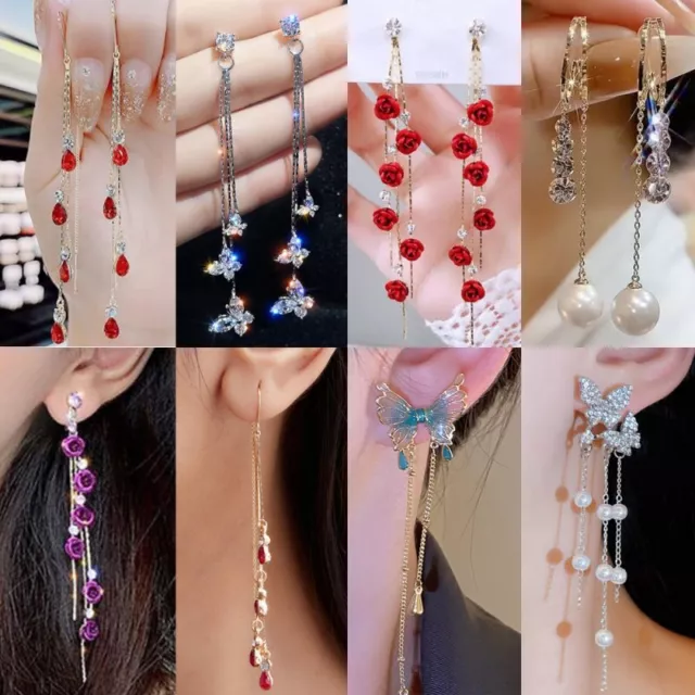 Elegant Zircon Crystal Tassel Earrings Stud Drop Dangle Women Party Jewelry Gift