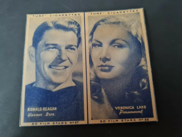 RARE Carreras Turf 1947 double uncut cigarette card RONALD REAGAN Veronica Lake