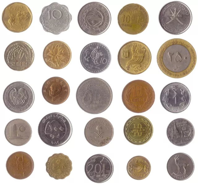 25 Coins From Different Asian Countries. Old Valuable Collectible Coins.