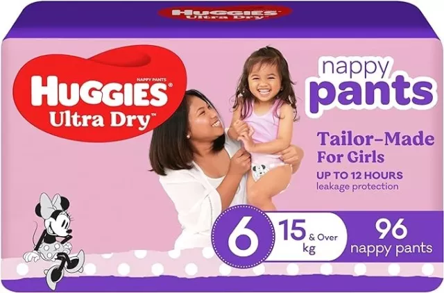 Huggies Ultra Dry Nappies Nappy Pants Girls Size 6 (15kg+) 96 Count