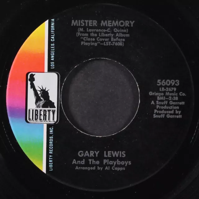 GARY LEWIS & PLAYBOYS: rhythm of the rain / mister memory LIBERTY 7" Single