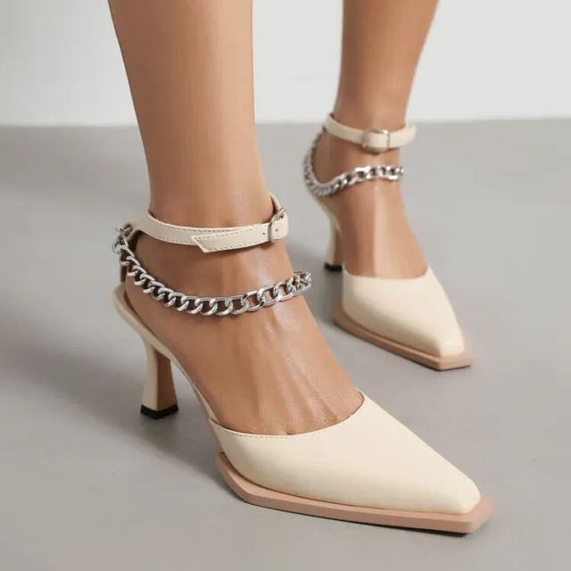 Women Pumps Chain Strap Pump Kitten Heels Pointy Toe Wedding Shoes Size Sandals