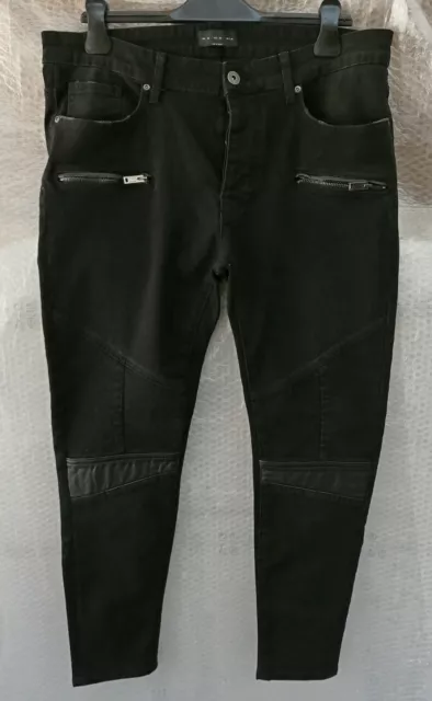 ZARA ZMDC Pantaloni Jeans Uomo Nero Stretto Toppe In Pelle Tg