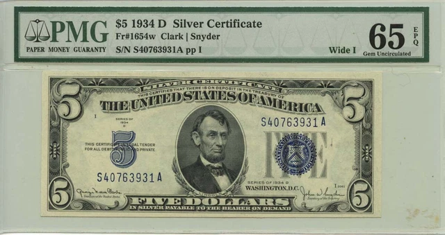 1934D $5 Silver Certificate FR#1654w Wide 1 PMG Gem65