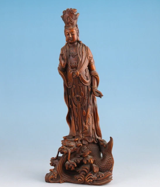 Chinese boxwood hand carved Kwan-yin buddha Figure statue netsuke collectable
