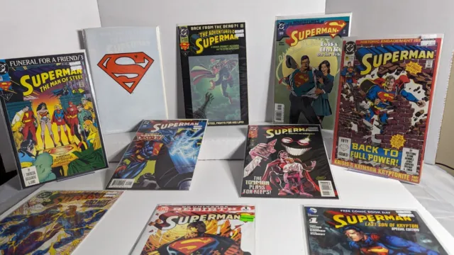 Lot of (10) Superman DC Comic Books + 100 Sky Box DC Bloodlines Trading Card