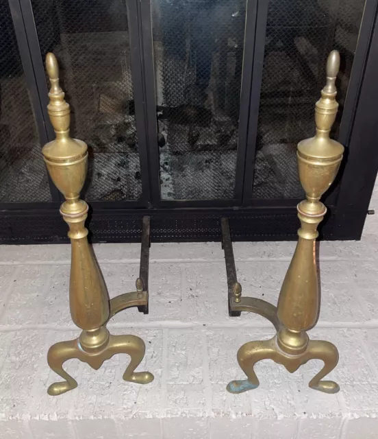 23” Vintage Brass And Cast Iron Fireplace Andirons Set