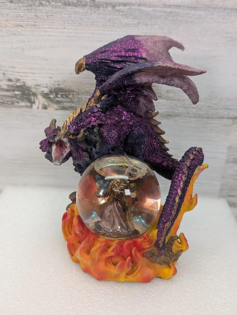PURPLE DRAGON WIZARD Crystal Ball Resin Figurine Statue Fantasy Flames