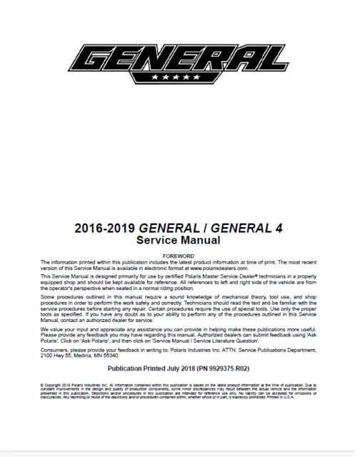 Polaris GENERAL Service Manual | 2016-2019 | GENERAL 4 | MAILED CD