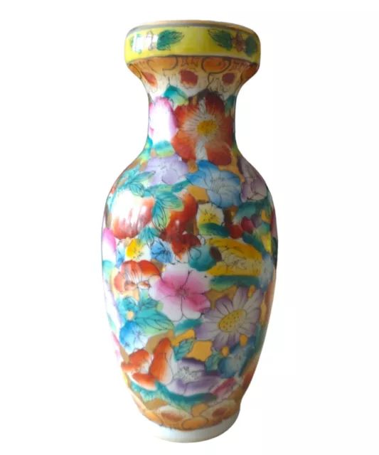 Vintage Oriental Hand Painted Vase Multicolor Floral Design 10" x 4" 2