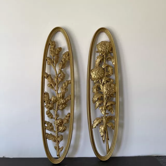 Burwood Products Wall Hanging Gold Floral MCM Decor Mid Century Modern Set