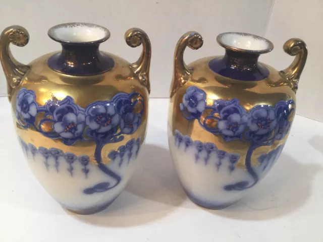 Antique Pr Of Art Nouveau Blue & Gold Vases Alfred  Pearce London 1895-1915 8”H