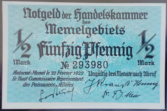 A20- Memel 1922 banknote 1/2 Half Mark P-1 Pick 1 UNC