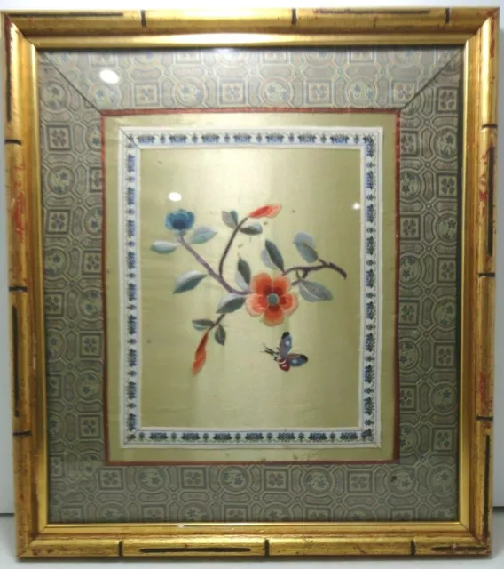 Vintage Asian Chinese Silk Embroidery Flower with Butterfly Silk Panel Framed