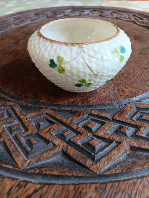 Antique BELLEEK Porcelain 2nd BLACK MARK Open Sugar Bowl Shamrock Basketweave