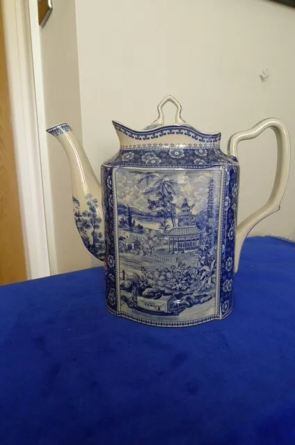 blue and white coffee pot tea pot ironstone Staffordshire Style mark but modern