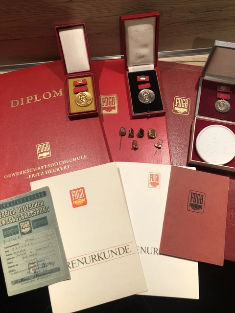 DDR Orden FDGB Fritz-Heckert-Medaille Hermann Duncker Medaille Urkunden Ausweise