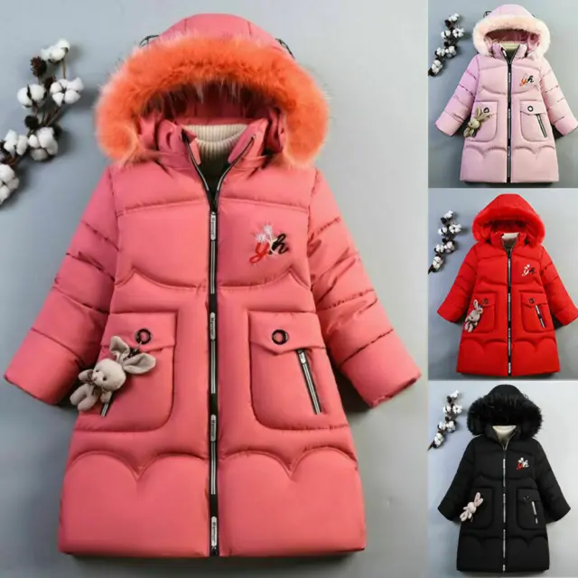 New Kids Girls Winter Warm Hooded Coat Padded Thick Parka Long Fur Cotton Jacket