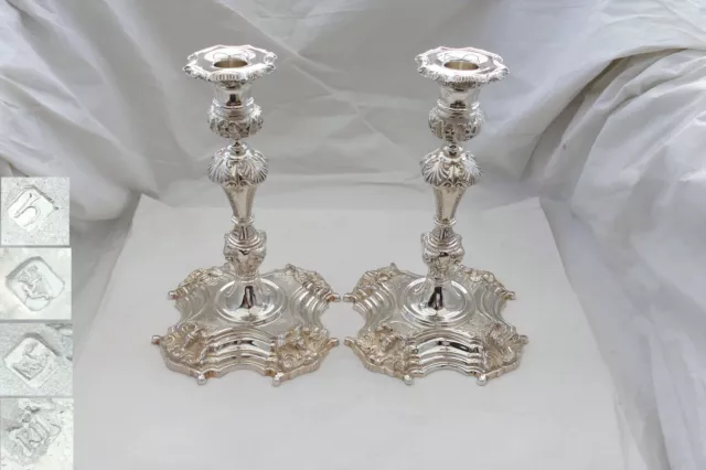 RARE PAIR of IRISH HM STERLING SILVER CAST CANDLESTICKS 69 oz