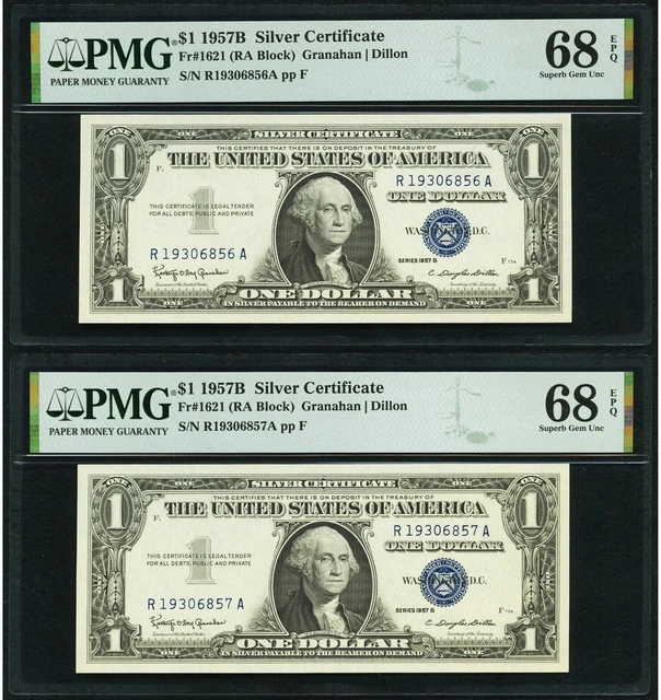 (2) 1957B $1 Silver Certificate Fr# 1621 Consecutive Notes PMG 68 EPQ