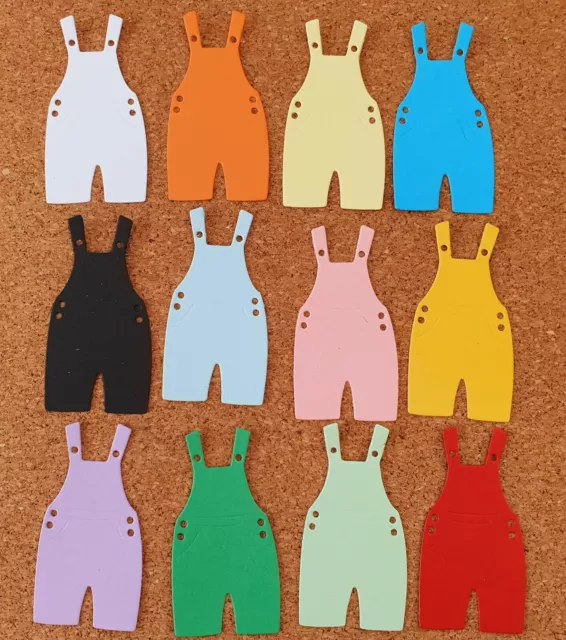 20 x BABY DUNGAREES, CARD DIE CUTS, TOPPERS, CHOICE OF COLOUR, EMBELLISHMENTS,