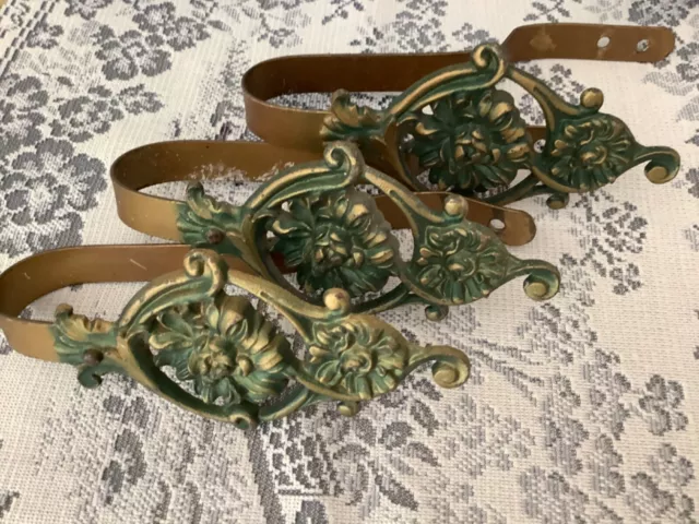 Antique Victorian Brass/Green Floral Curtain Tiebacks - Set of Three