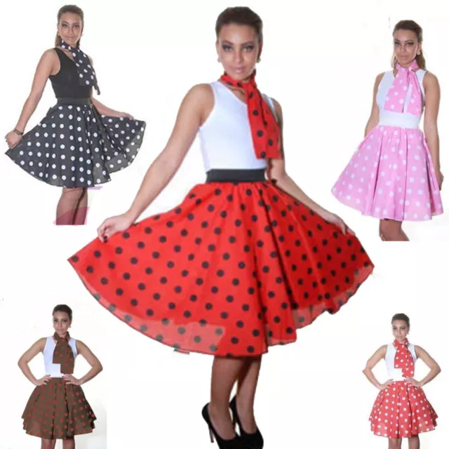 New Ladies ROCK & ROLL POLKA DOT 50S & 60s LADIES FANCY DRESS SKIRT OR SCARF Lot