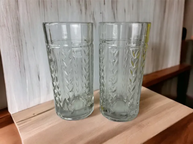 2 Vintage Anchor Hocking Clear Glass Tumblers Laurel Leaf Wheat 6" Tall 16oz