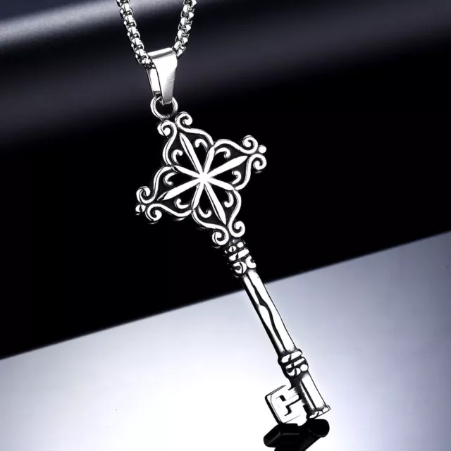 Gothic Mens Stainless Steel Hip Hop Key Pendant Necklace Men Silver Chain