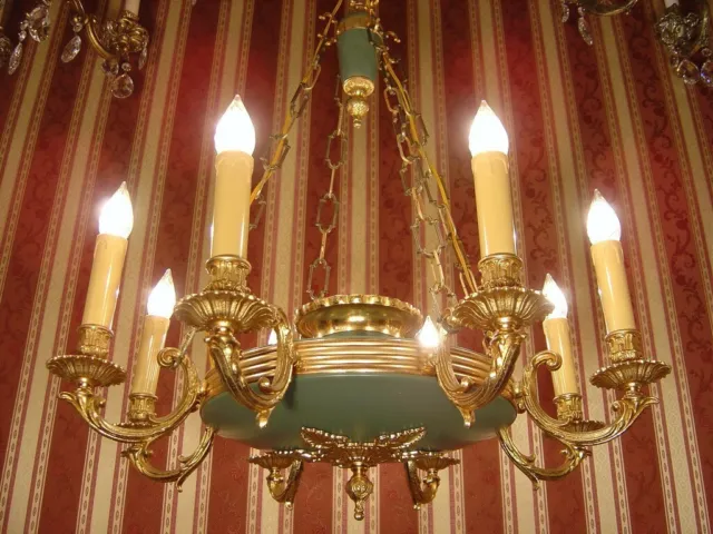 Fine Chandelier Brass Empire Green Varnish Lamp French Old 8 Light 27"