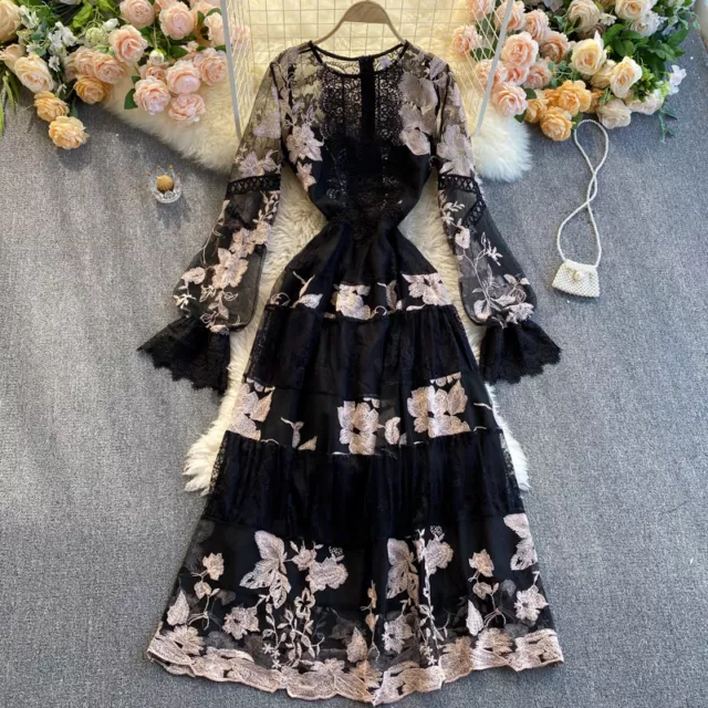 Womens Floral Embroidery Midi Dress Sheer Mesh Lace Long Sleeves Party Ball Gown