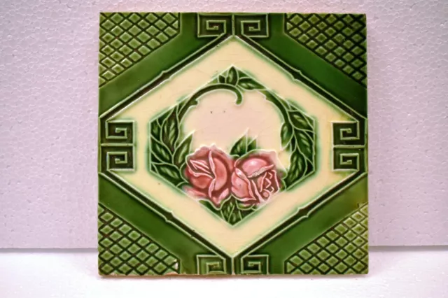 Antique Saji Tile Japan Majolica Art Nouveau Porcelain Floral Rose Geometric"J65