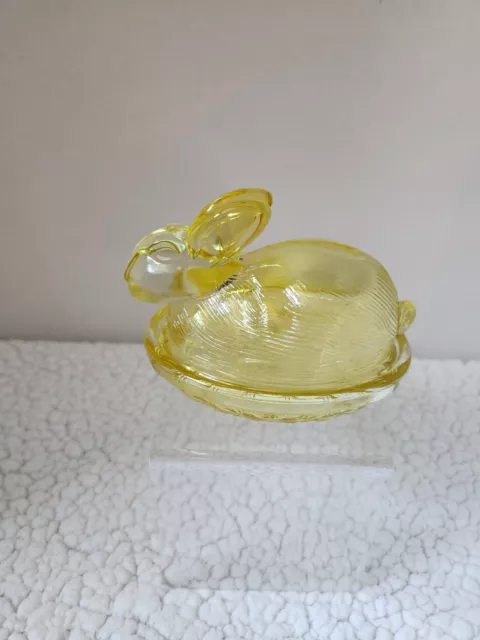 Vintage Clear Yellow Glass Bunny Rabbit on Basket Weave Nest Covered Dish Easter